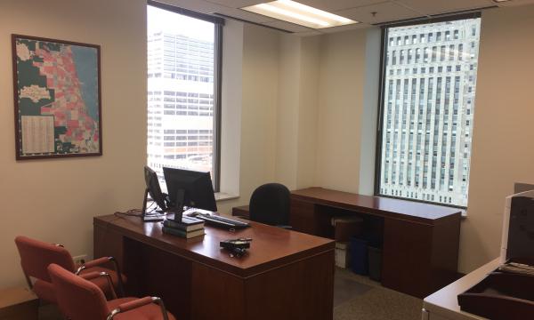 Corner office featuring view of Chicago River and Merchandise Mart